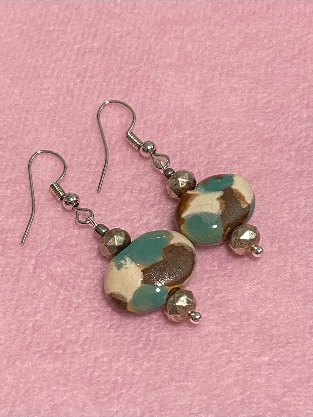 Turquoise, Brown & Cream Ceramic Drop Earrings with Silver Beads